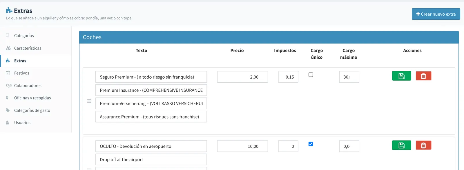 Listado de extras con su precio, sus impuestos y su forma de cobro