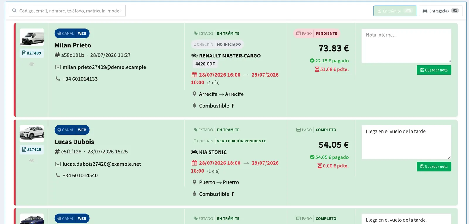 Listado de reservas en trámite con el buscador y los contadores de cada estado