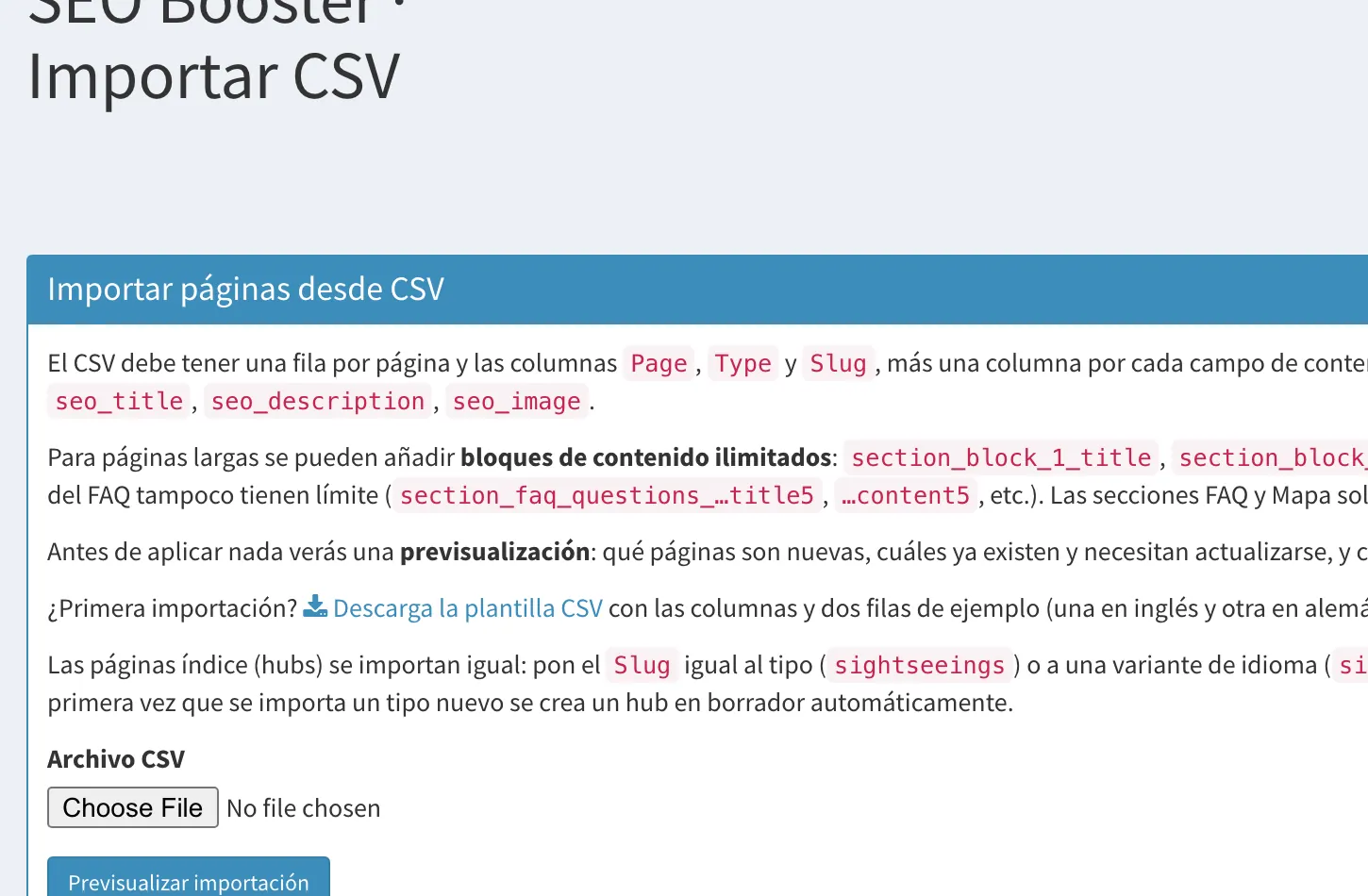 Pantalla de importación de páginas desde un fichero CSV, con las columnas que admite