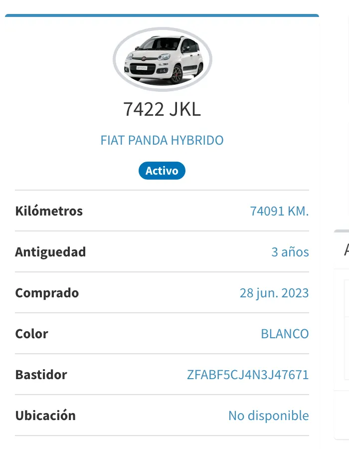 A unit page with its plate, model, state, mileage and purchase date