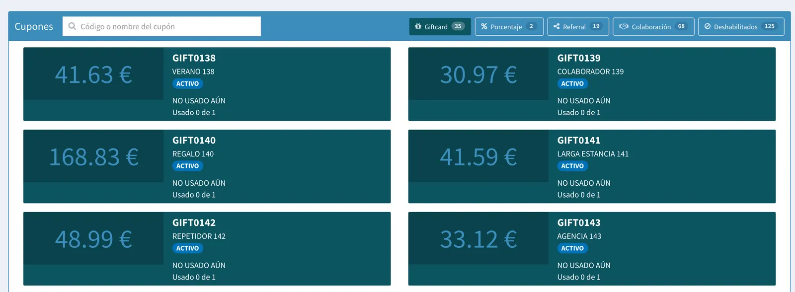 Voucher list with the amount, the code and the type of each one