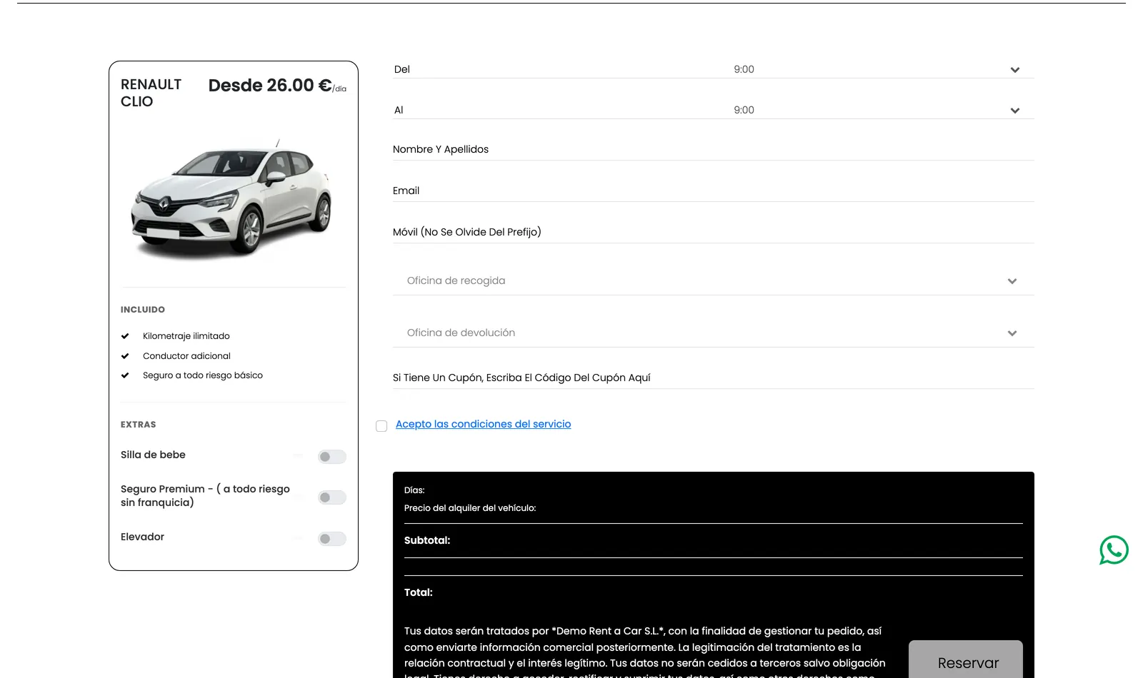 Booking screen with the chosen vehicle, the extras, the driver details and the total